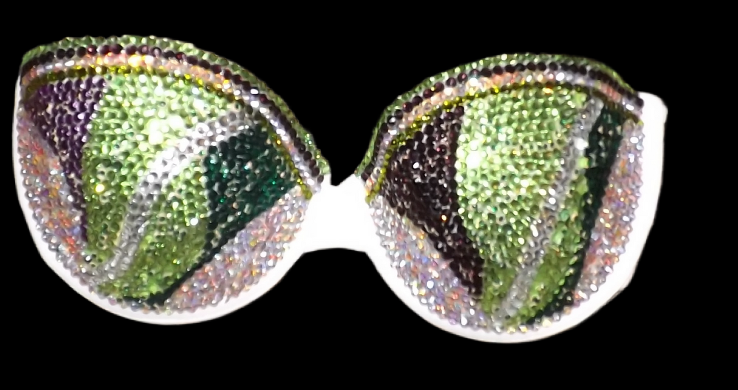 Green Purple Mix Swirls Crystal Rhinestone Strapless Bra In White