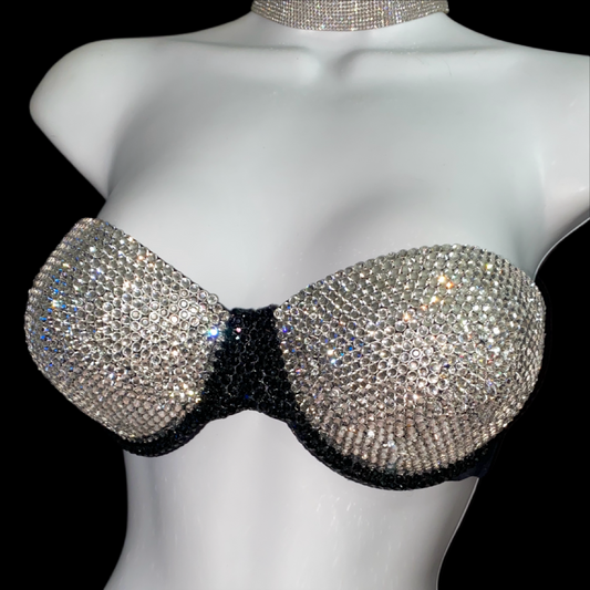 Luxe Crystal Diamond & Jet Black Strapless Bra In Black
