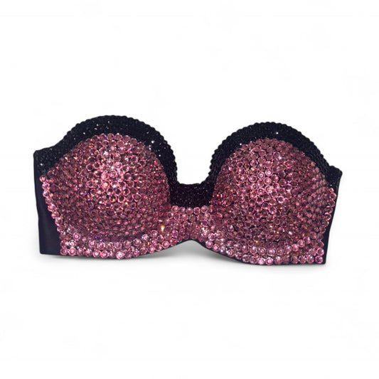 Rose Pink & Black Trim Rhinestone Bralet Top Size 32A