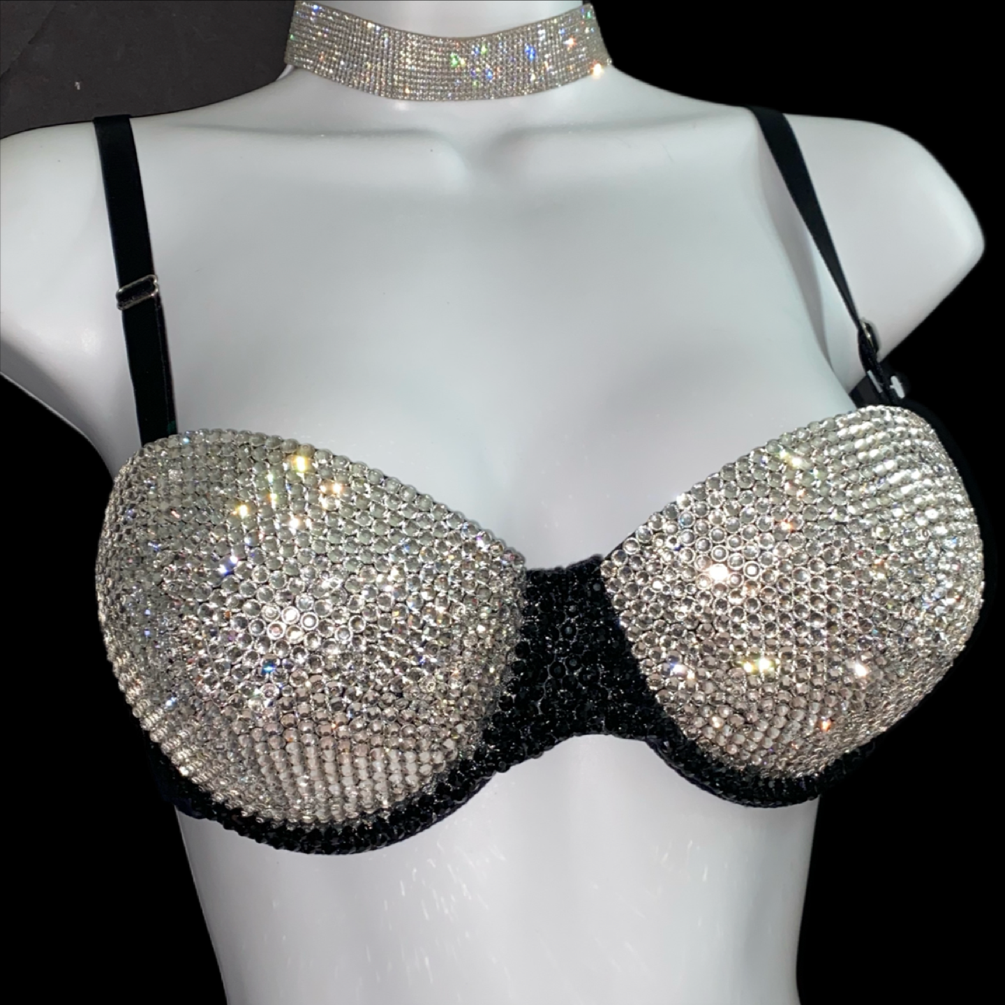 Luxe Crystal Diamond & Jet Black Strapless Bra In Black