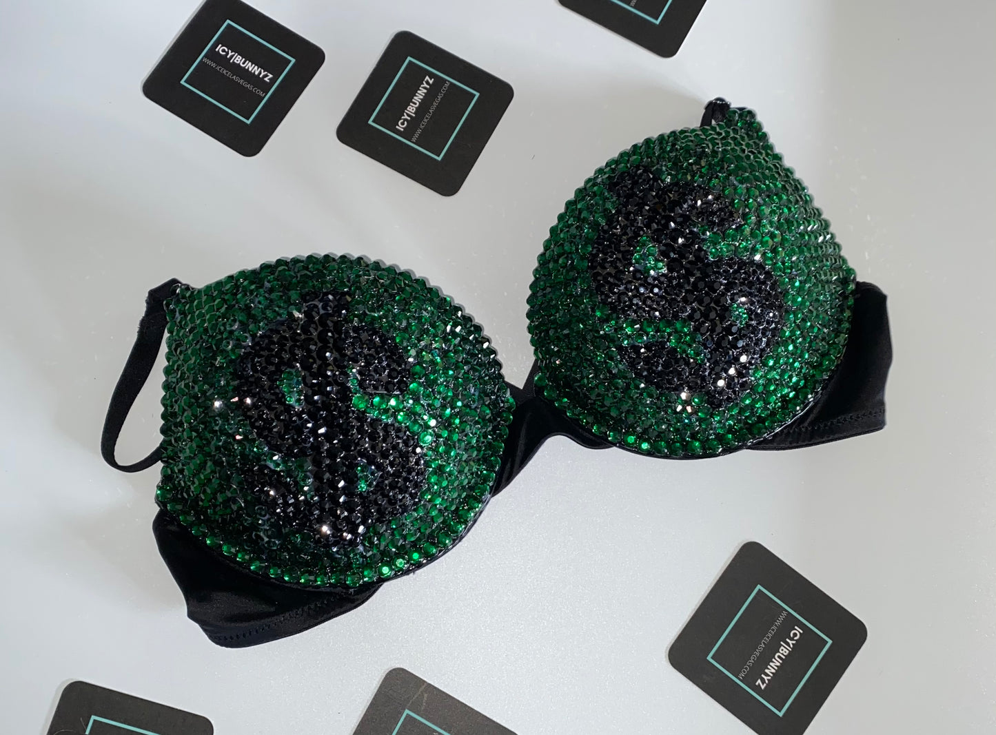 Emerald Green & Black Crystal Rhinestone Money T-Shirt Bra In Black