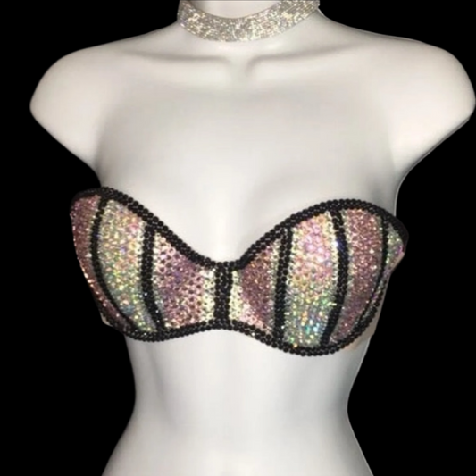 Light Rose Pink & Black Crystal Rhinestone Strapless Bra In Nude