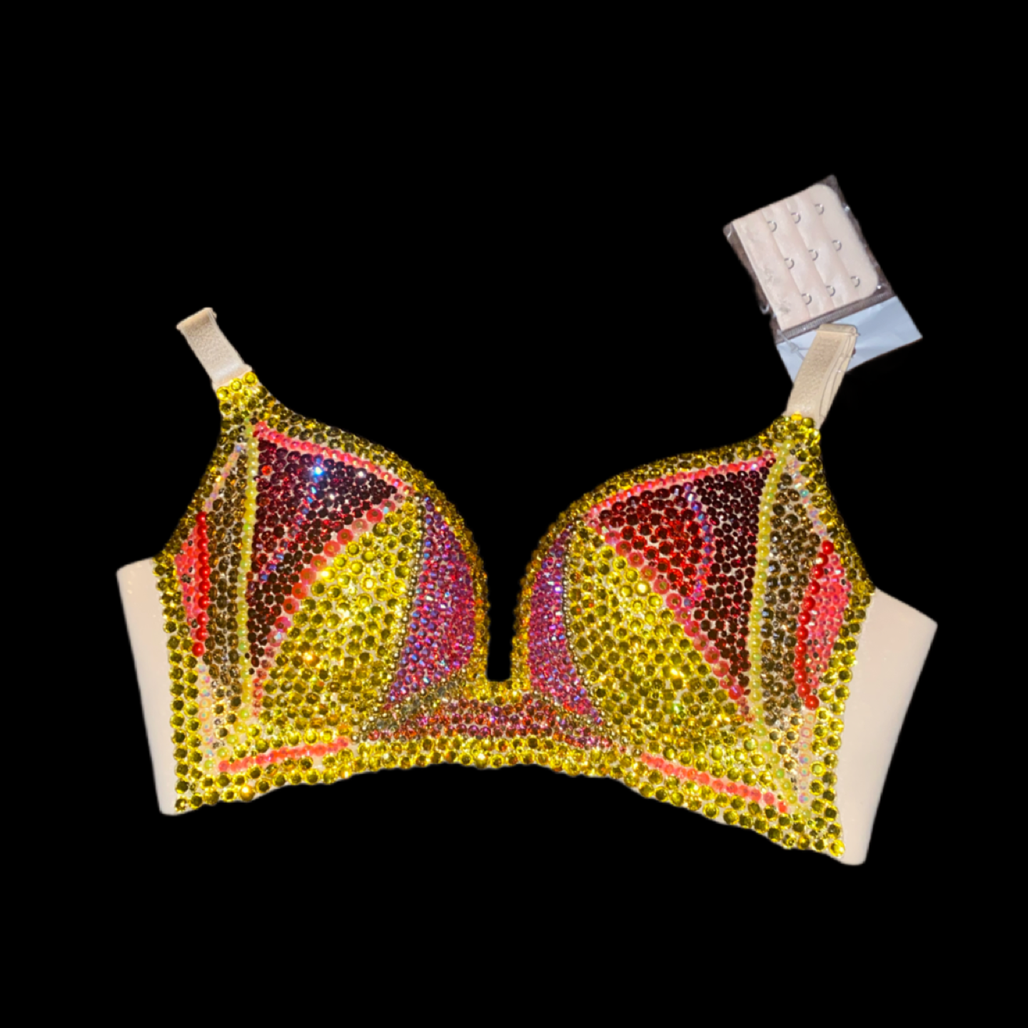 Yellow Crystal & Diamond Swirls Wireless Bra In Nude