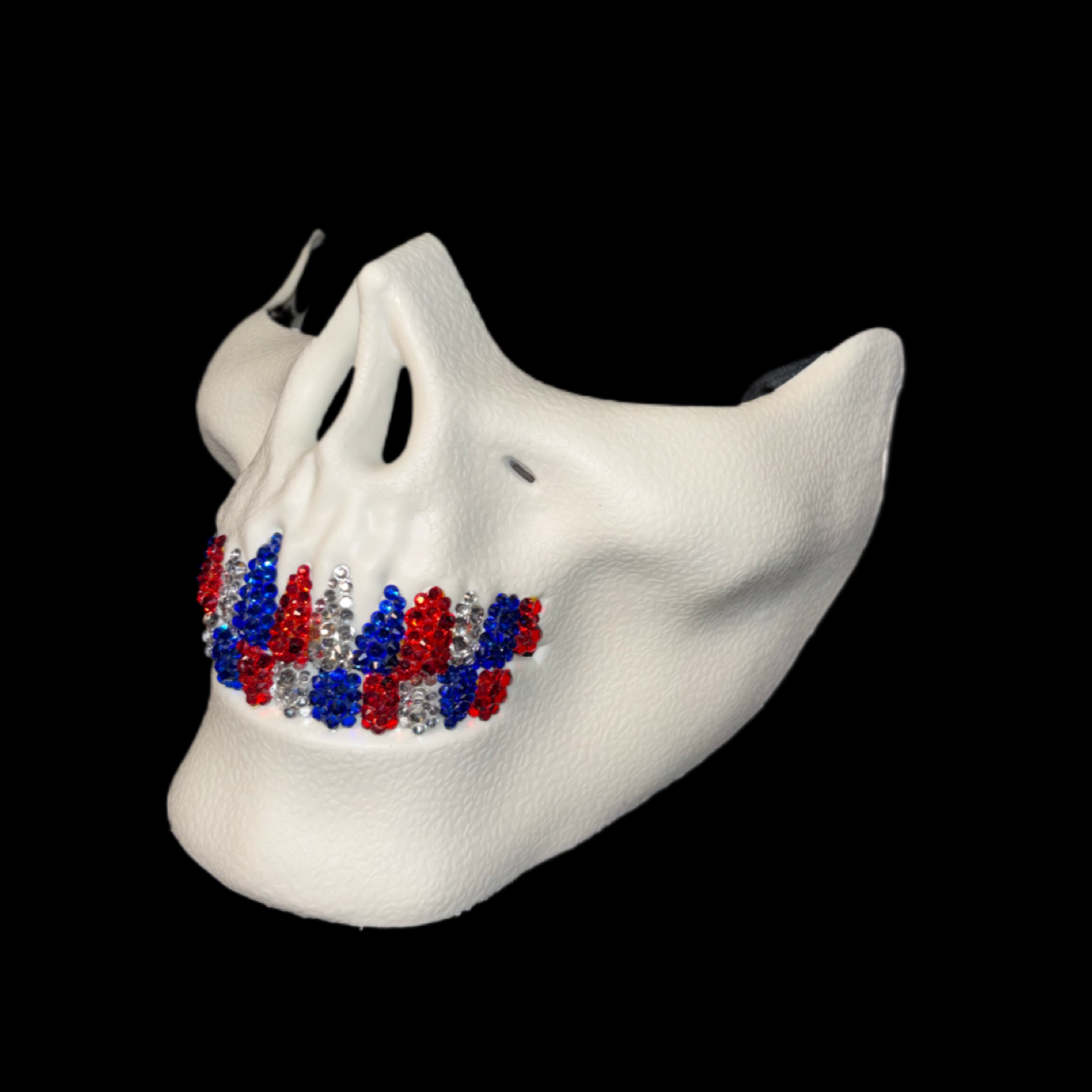 White Half Skull Mask With Sapphire Blue Red & Crystal Grillz