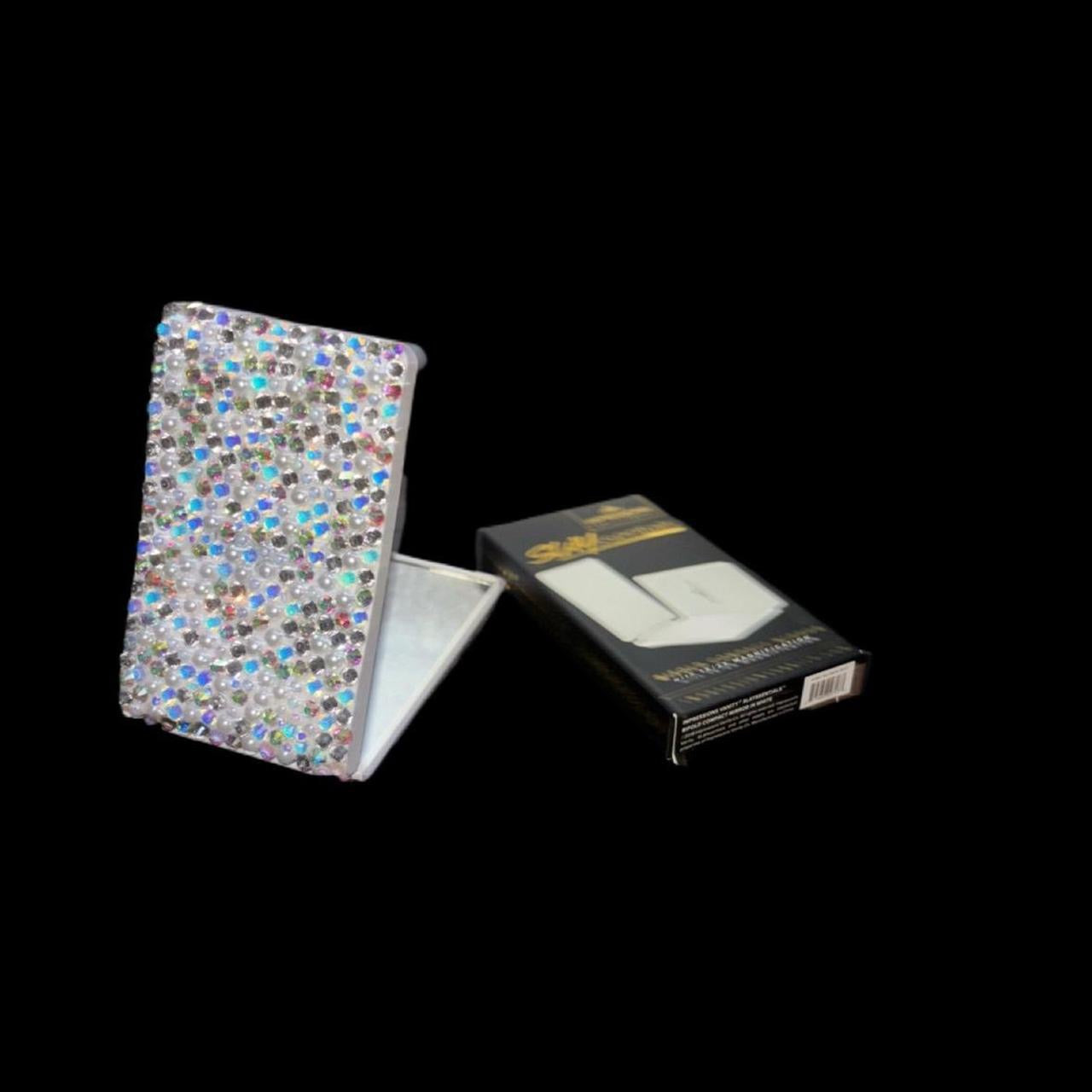 White Luminous Crystal AB Iridescent Luxe Crystals & Pearls Bling Compact Mirror