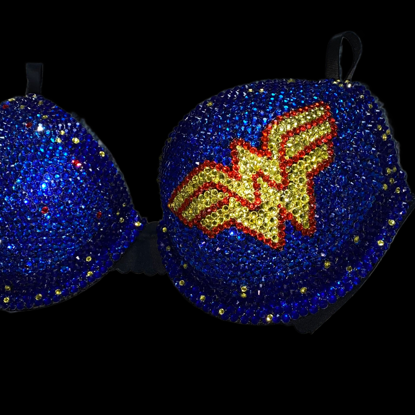 Red Yellow & Blue Crystal Rhinestone Comic Theme T-Shirt Bra In Black