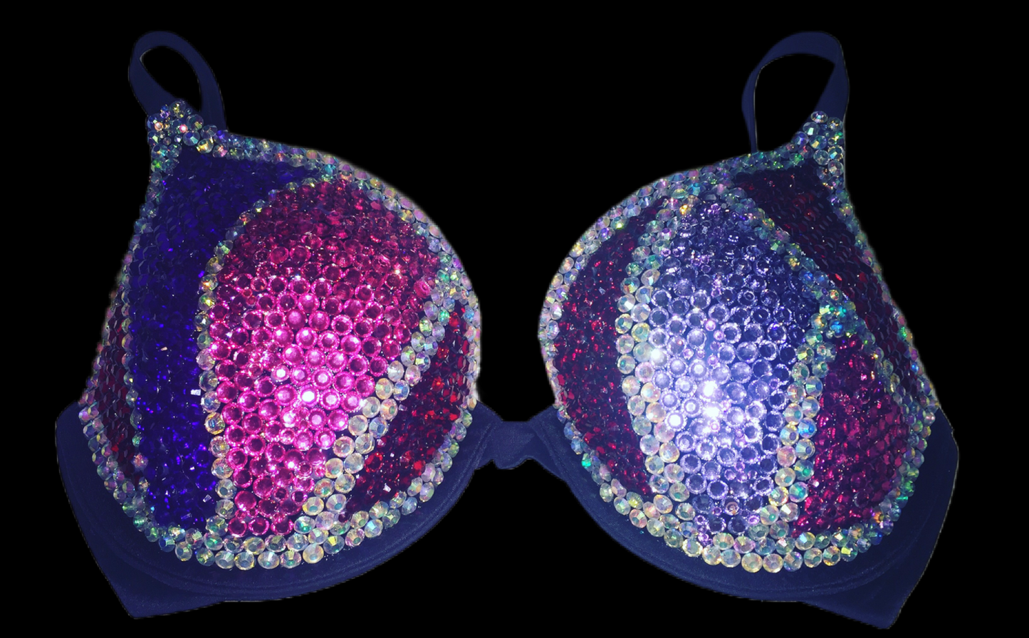 Purple Pink & Red Crystal Rhinestone T-Shirt Bra In Black