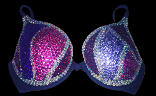 Purple Pink & Red Crystal Rhinestone T-Shirt Bra In Black