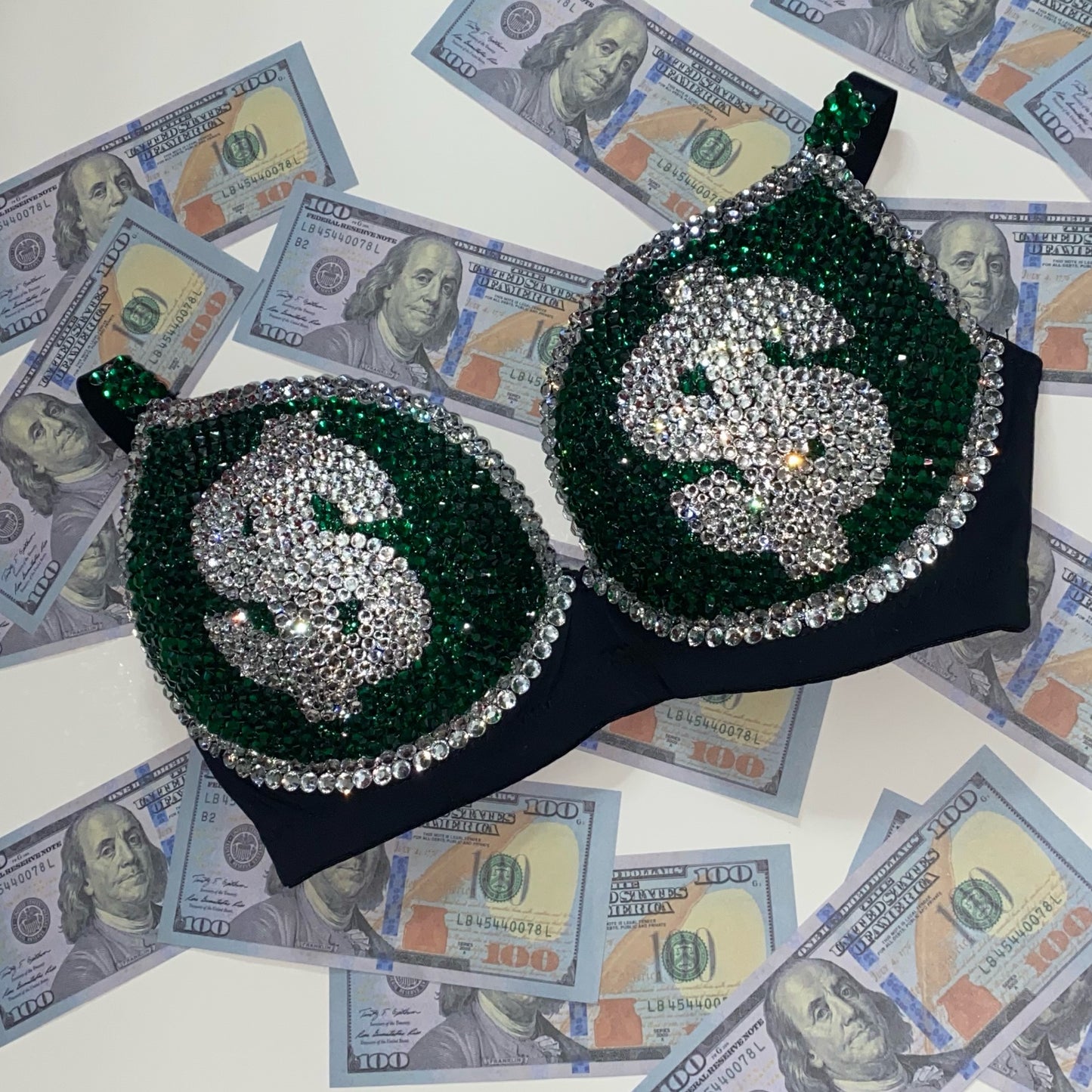 Emerald Green & Crystal Rhinestone Money T-Shirt Bra In Black