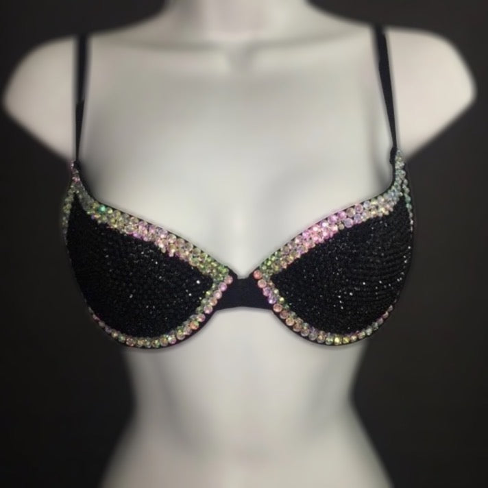 Jet Black And Crystal AB Iridescent T-Shirt Bra In Black