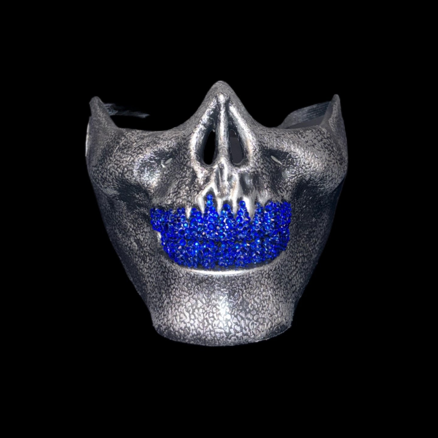 Vintage Silver Half Skull Mask With Sapphire Blue Crystal Grillz