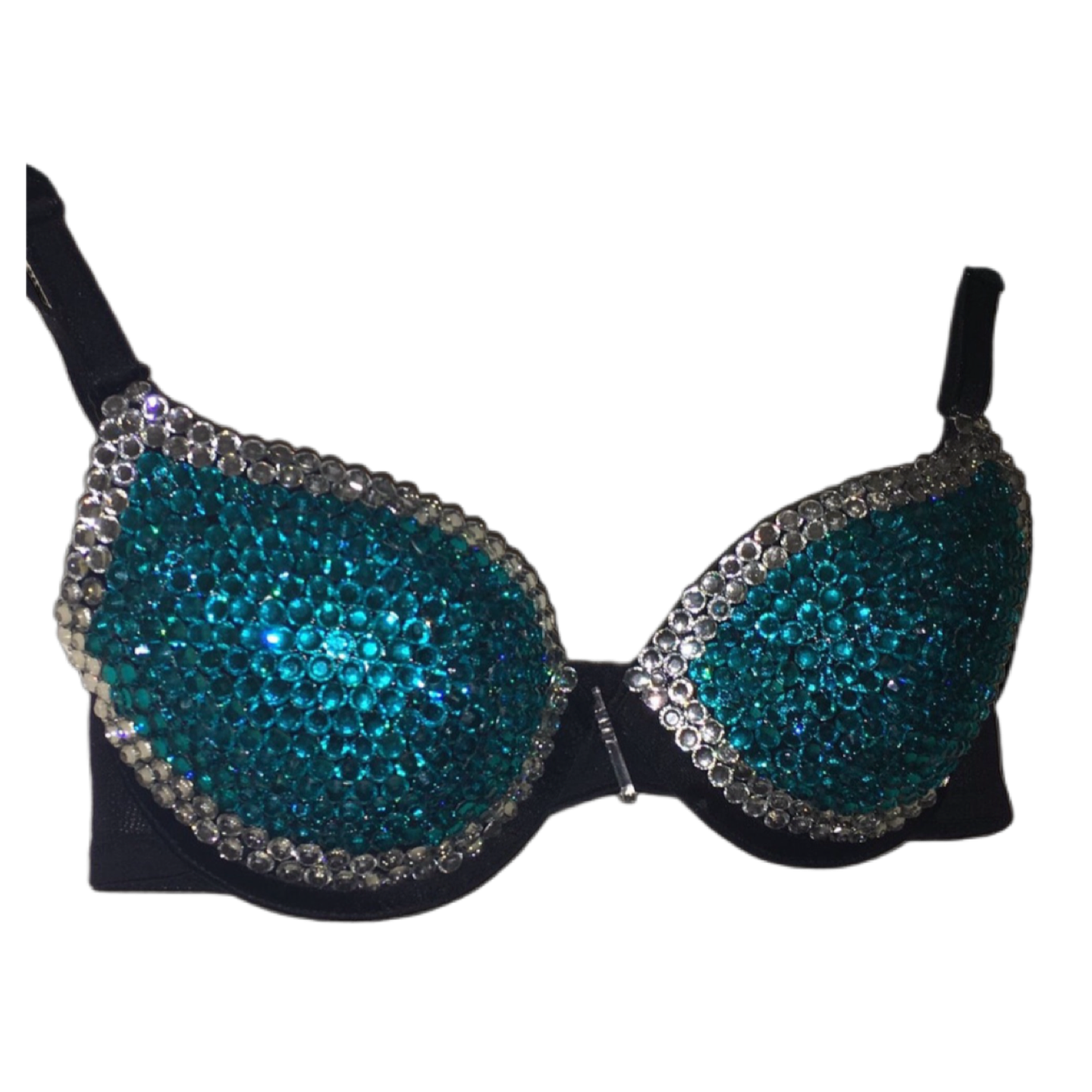 Teal Blue Zircon & Crystal Rhinestone Duo T-Shirt Bra In Black