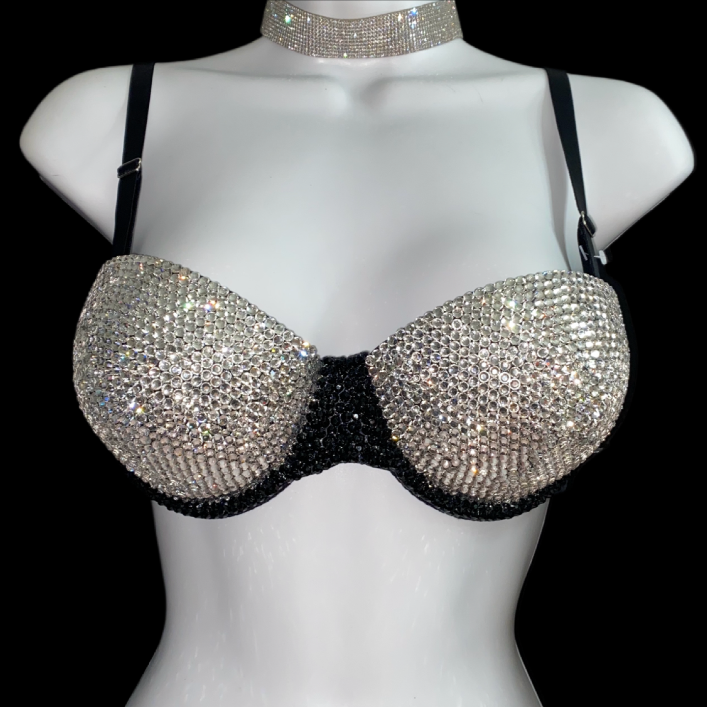Luxe Crystal Diamond & Jet Black Strapless Bra In Black