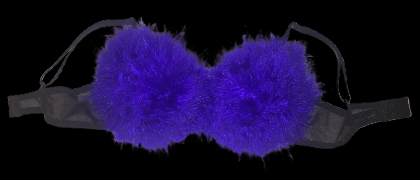 Blue Fluffy Feather Bra In Black
