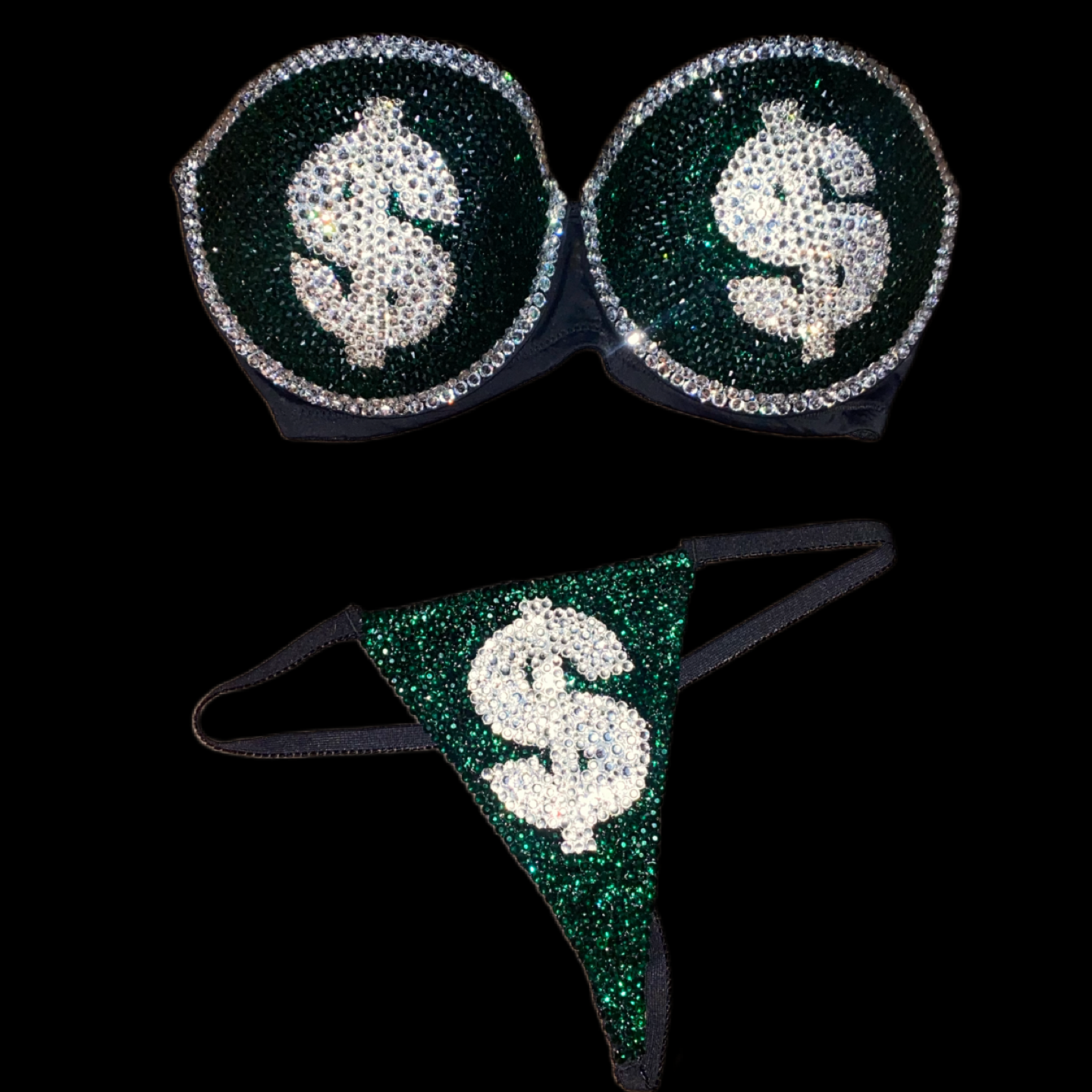 Emerald Green & Luxe Crystal Money Strapless Bra In Black