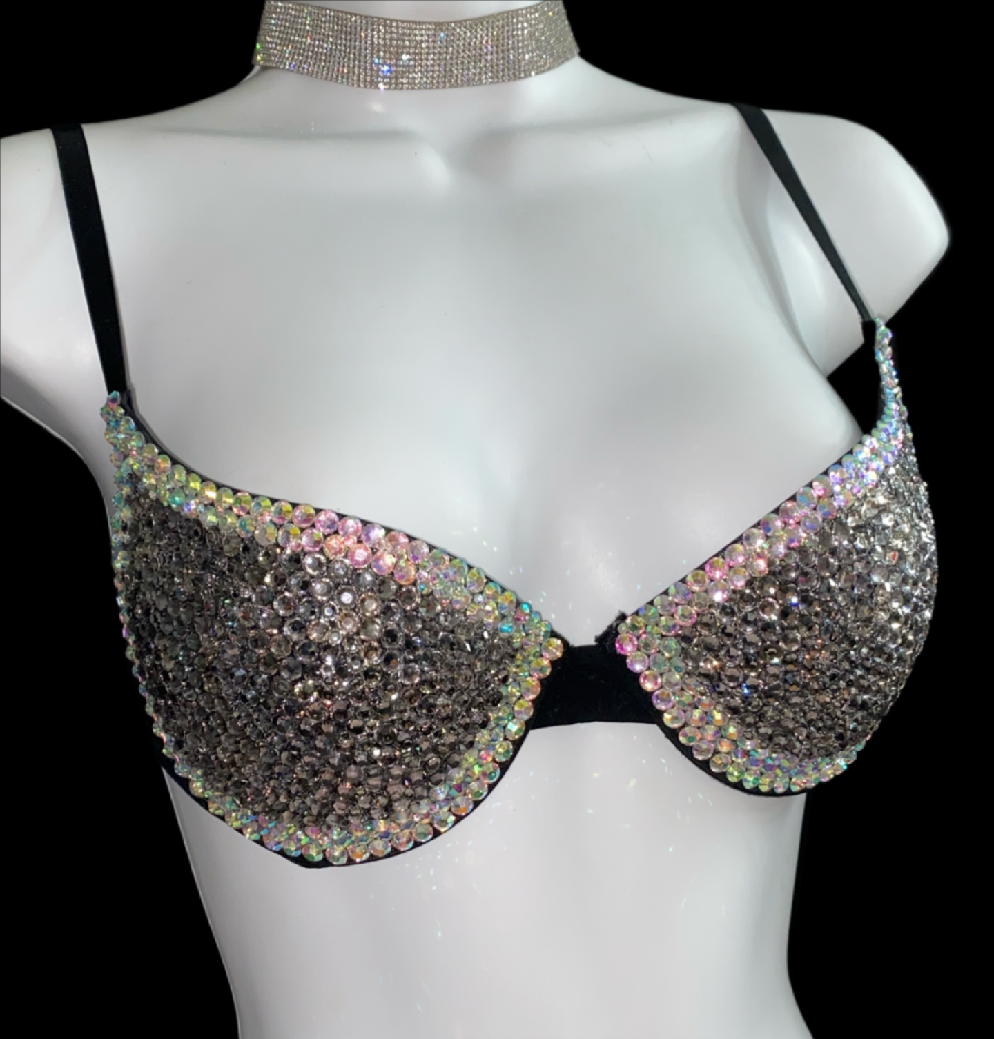 Black Diamond And Crystal AB Iridescent T-Shirt Bra In Black