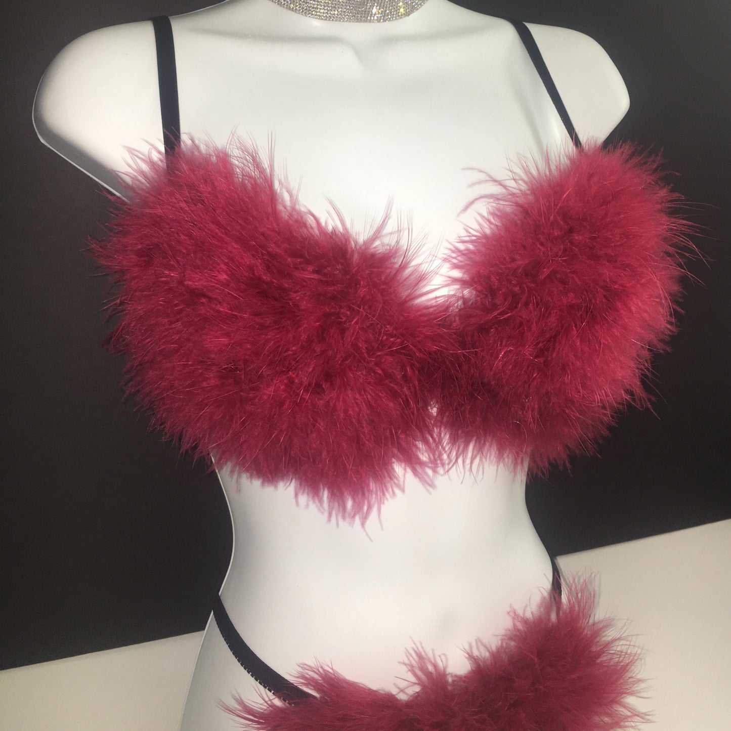 Burgundy Red Fluffy Feather Bra In Black