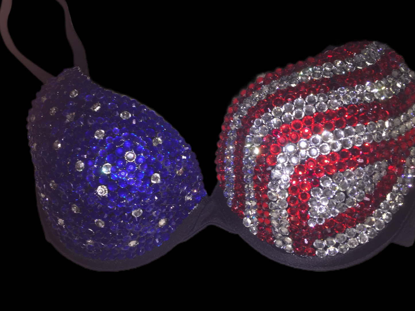 Red Crystal & Blue Crystal Rhinestone USA Theme T-Shirt Bra In Black