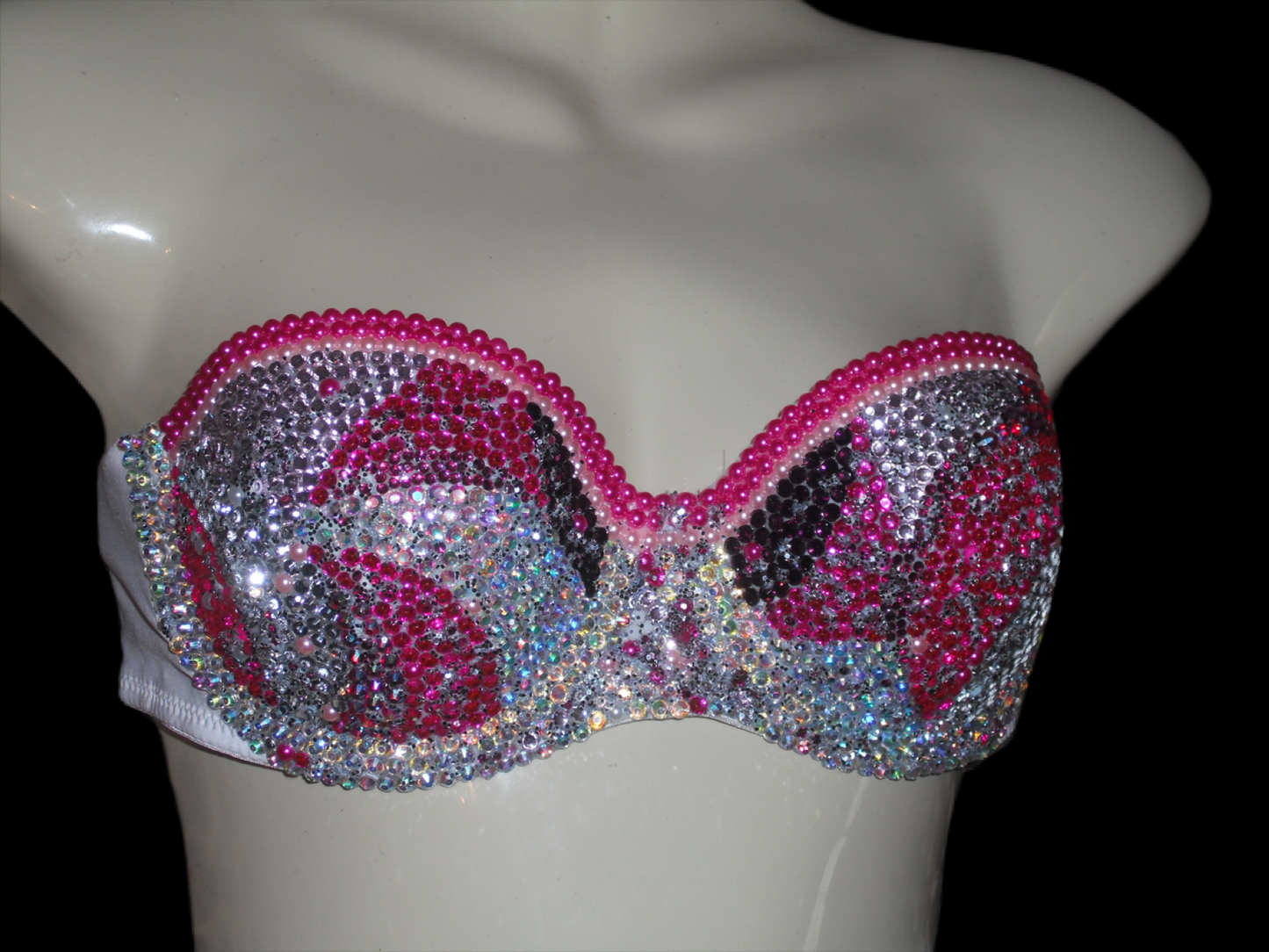 Pink Pearls & Crystal Rhinestone Swirls Strapless Bra In White