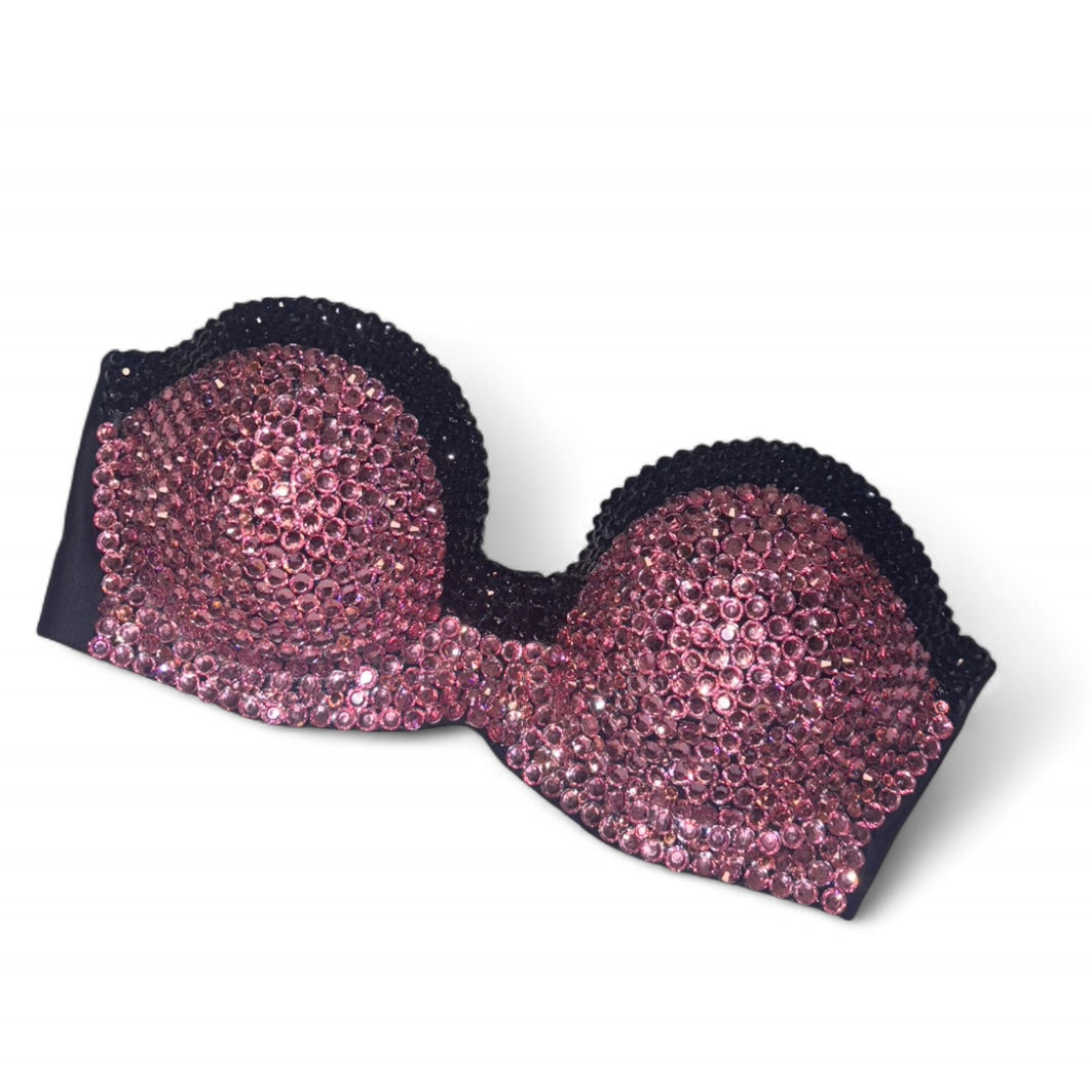 Rose Pink & Black Trim Rhinestone Bralet Top Size 32A