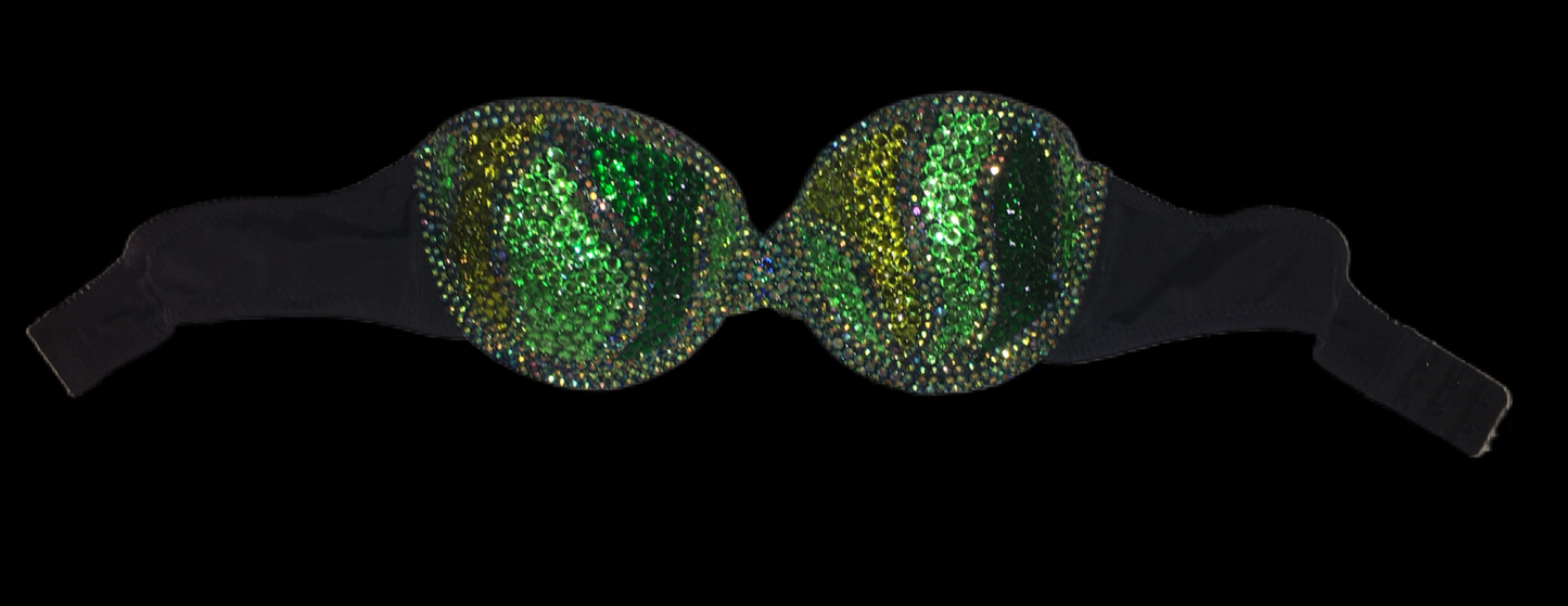 Green Mix Swirls Crystal Rhinestone Strapless Bralet In Black