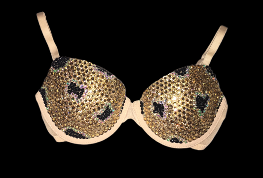 Crystal Rhinestone Leopard Print Design T-Shirt Bra In Nude