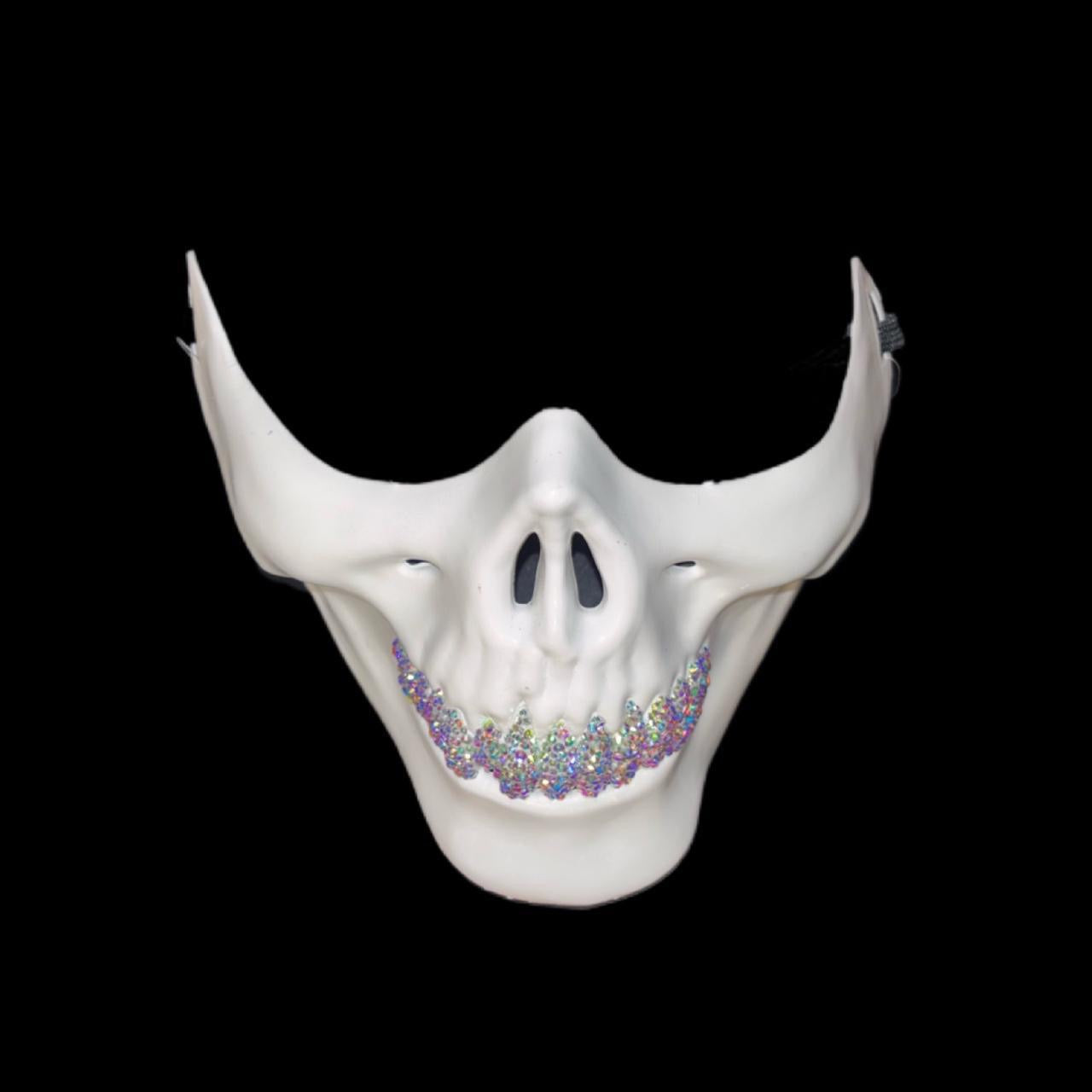 White Half Skull Mask With Crystal AB Iridescent Grillz