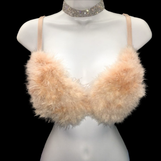 Light Mink Fluffy Feather Bra In Nude