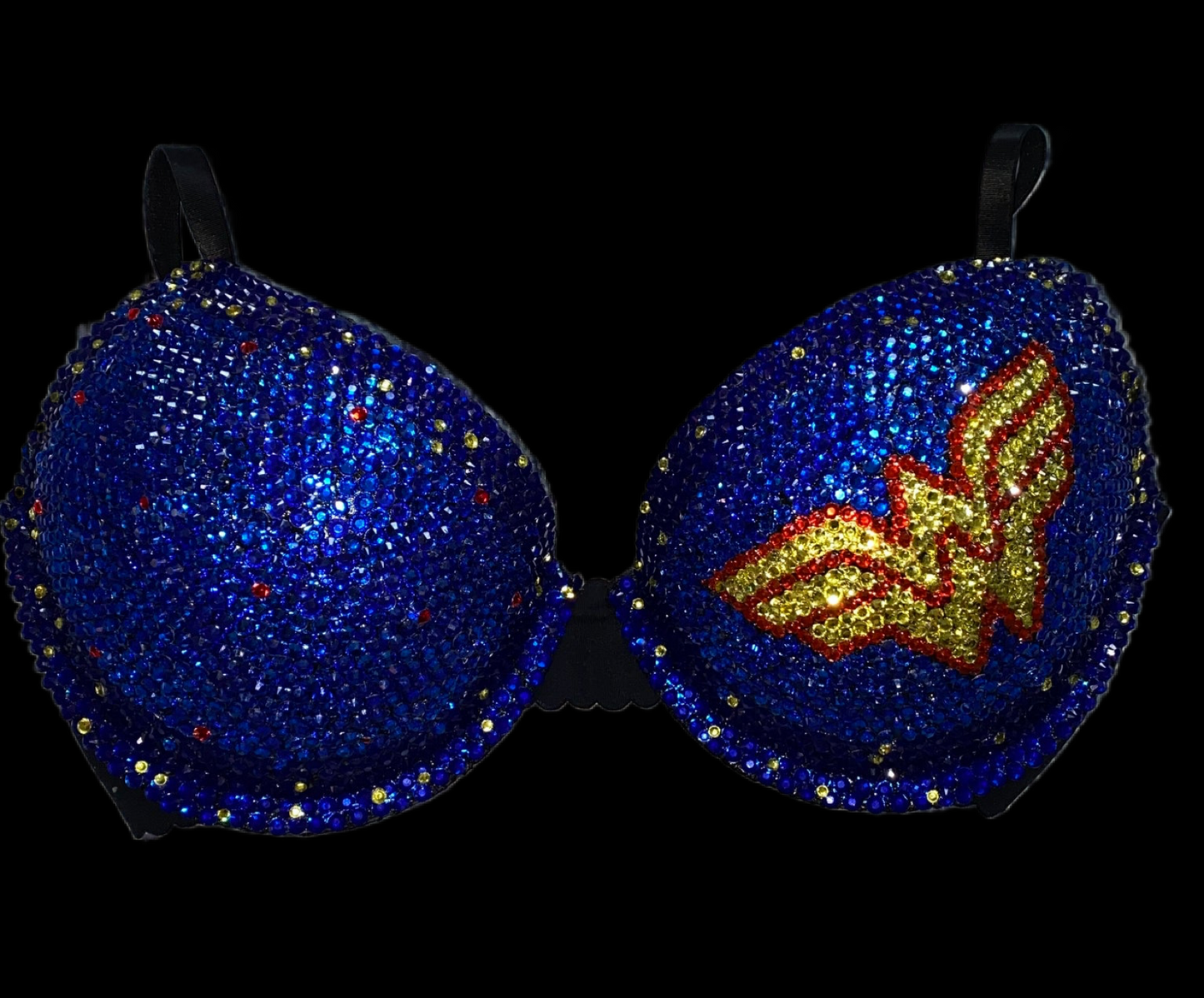 Red Yellow & Blue Crystal Rhinestone Comic Theme T-Shirt Bra In Black