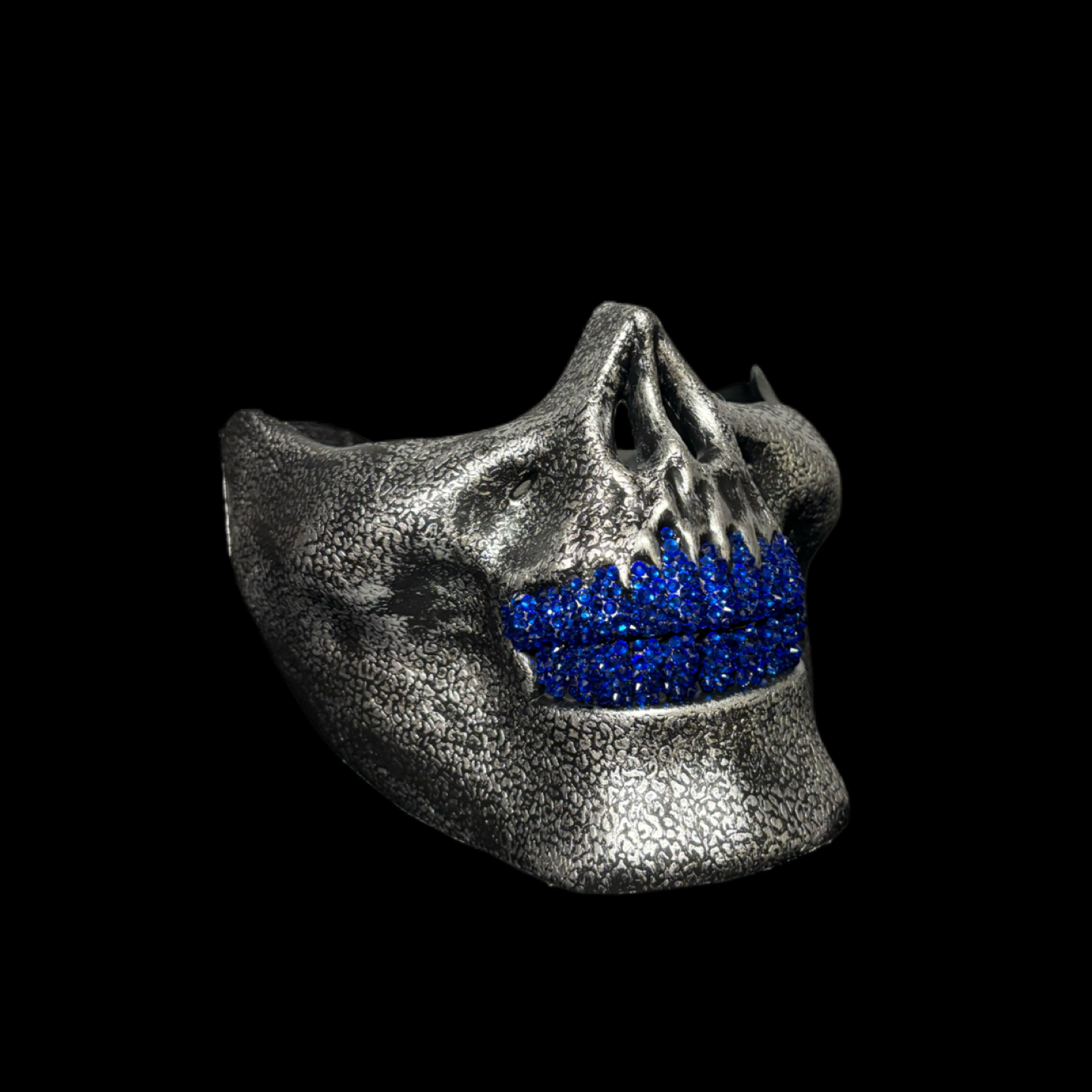Vintage Silver Half Skull Mask With Sapphire Blue Crystal Grillz