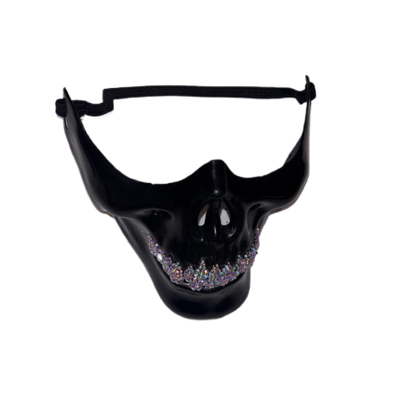 Black Half Skull Mask With Crystal AB Iridescent Grillz
