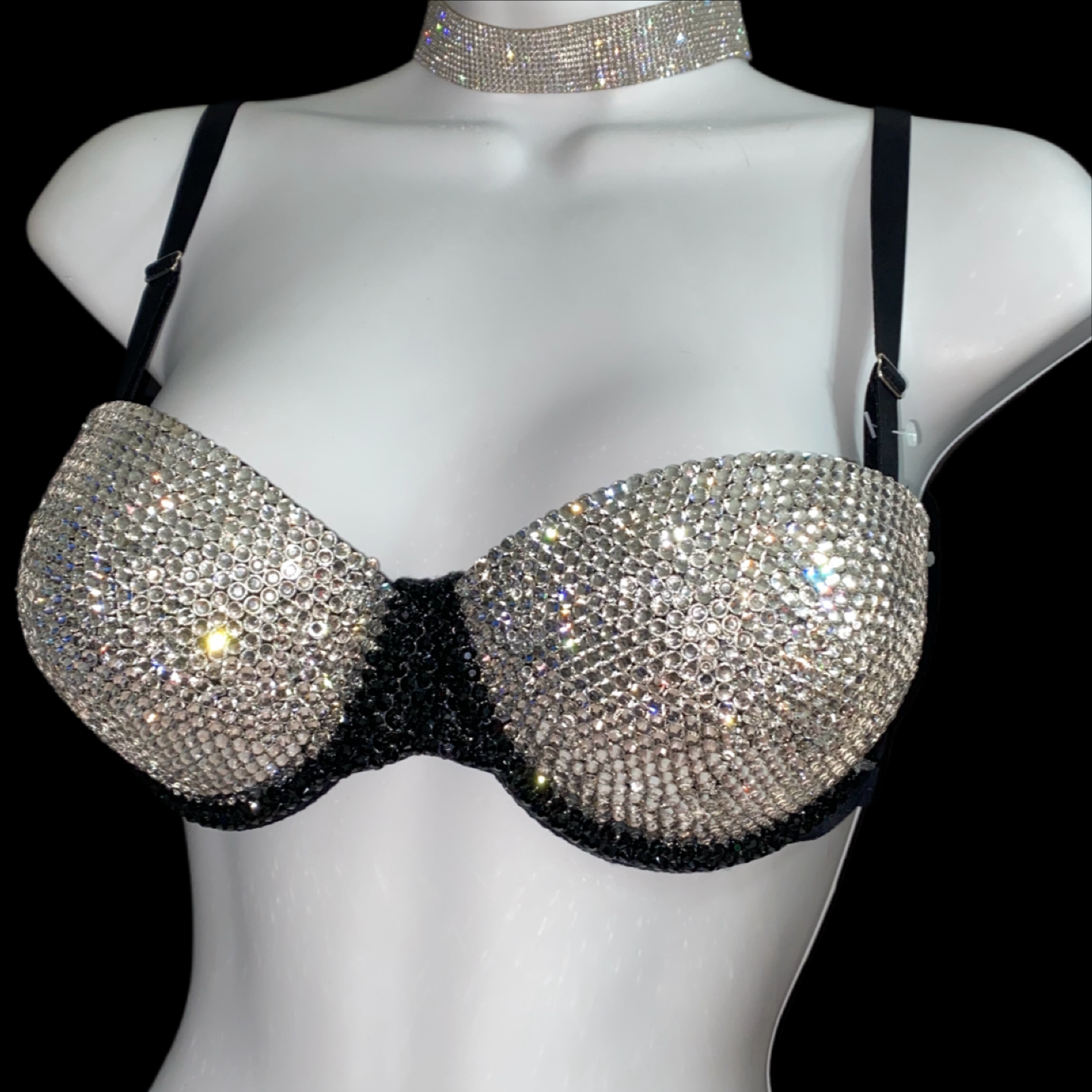 Luxe Crystal Diamond & Jet Black Strapless Bra In Black