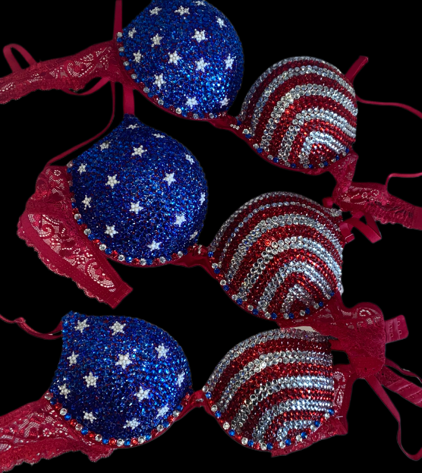 Red Crystal & Blue Crystal Rhinestone USA Theme T-Shirt Bra In Red