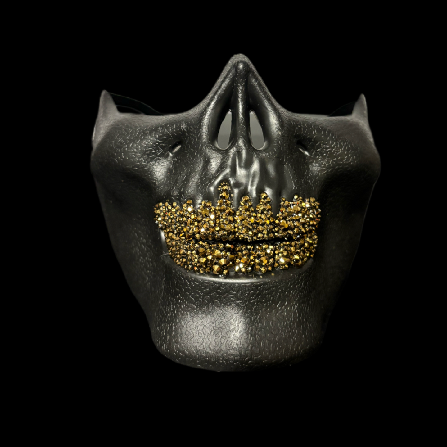 Black Half Skull Mask With Platinum Gold Crystal Grillz