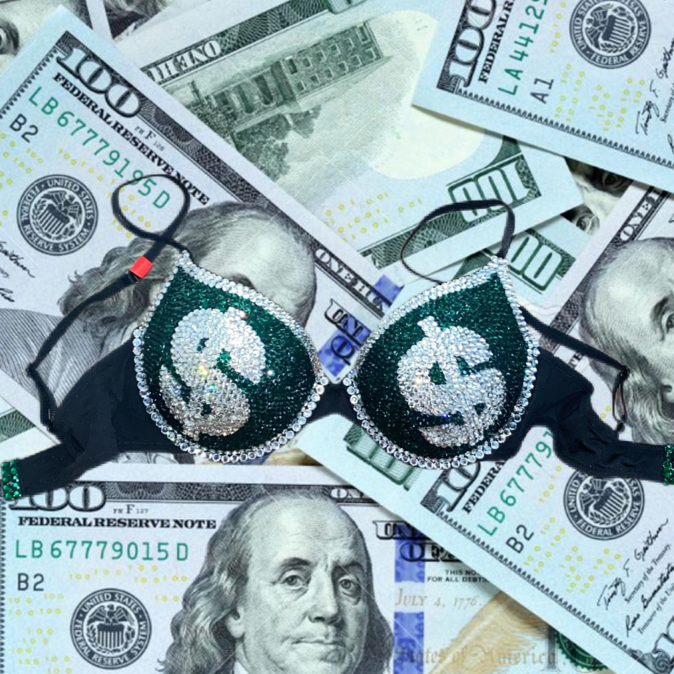 Emerald Green & Luxe Crystal Money T-Shirt Bra In Black