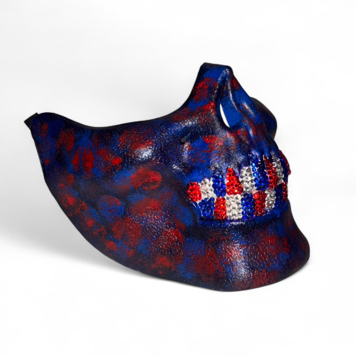 Blue & Red Half Skull Mask With Sapphire Blue Crystal Grillzzzz