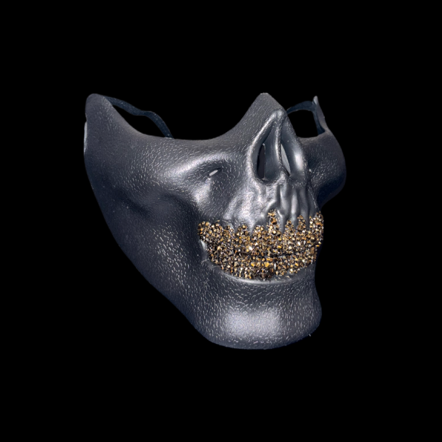 Black Half Skull Mask With Platinum Gold Crystal Grillz