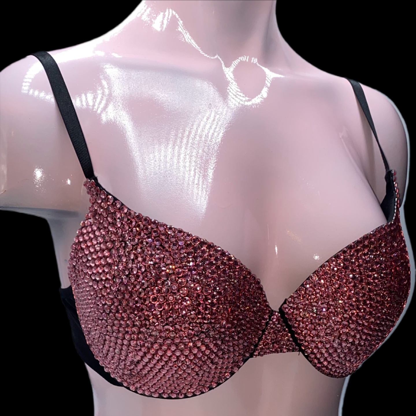 Rose Pink Rhinestone Crystal T-Shirt Bra In Black