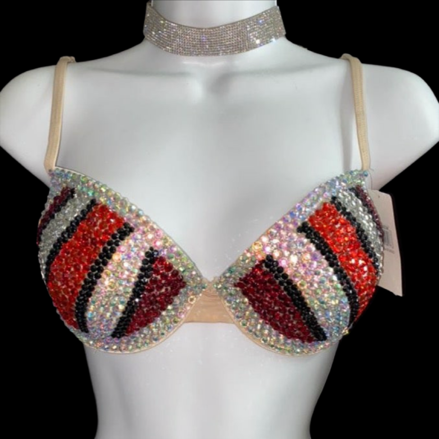 Siam Red AB Rhinestone Crystal Pin Stripe T-Shirt Bra In Nude