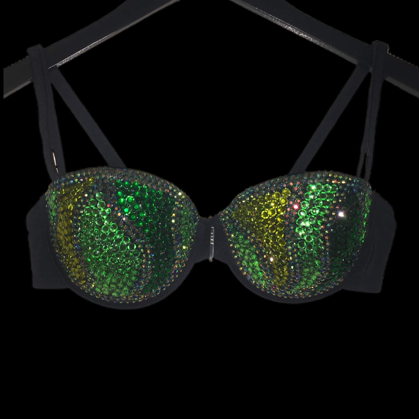 Green Mix Swirls Crystal Rhinestone Strapless Bra In Black