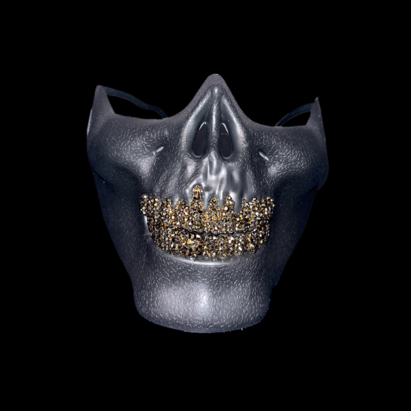 Black Half Skull Mask With Platinum Gold Crystal Grillz
