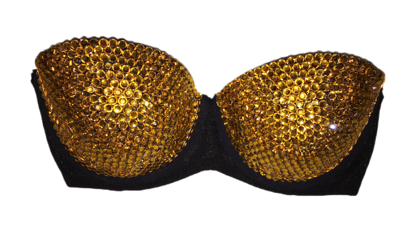 Topaz Gold Crystal Rhinestone Strapless Bra In Black