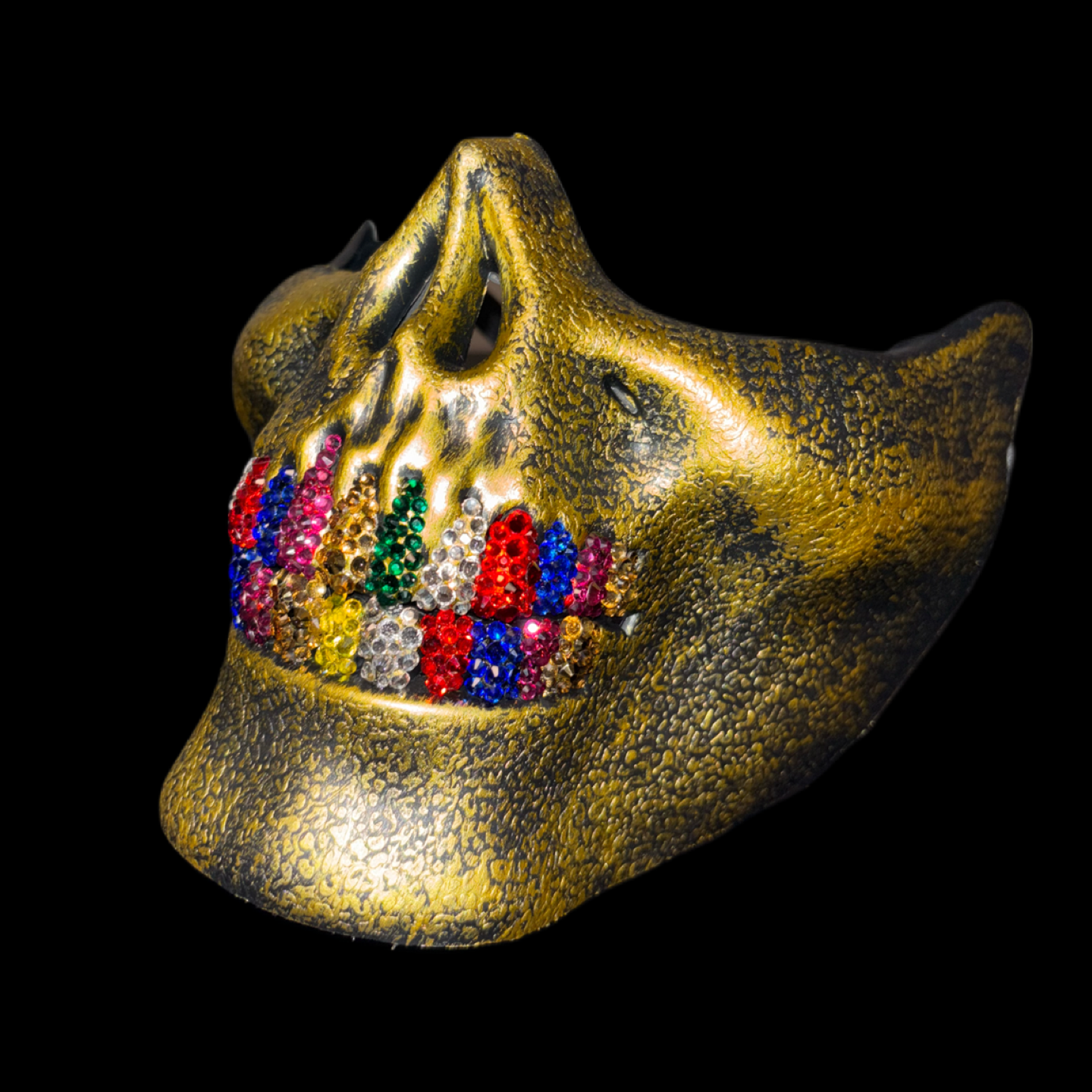 Vintage Gold Half Skull Mask With Royal Mix Crystal Grillz