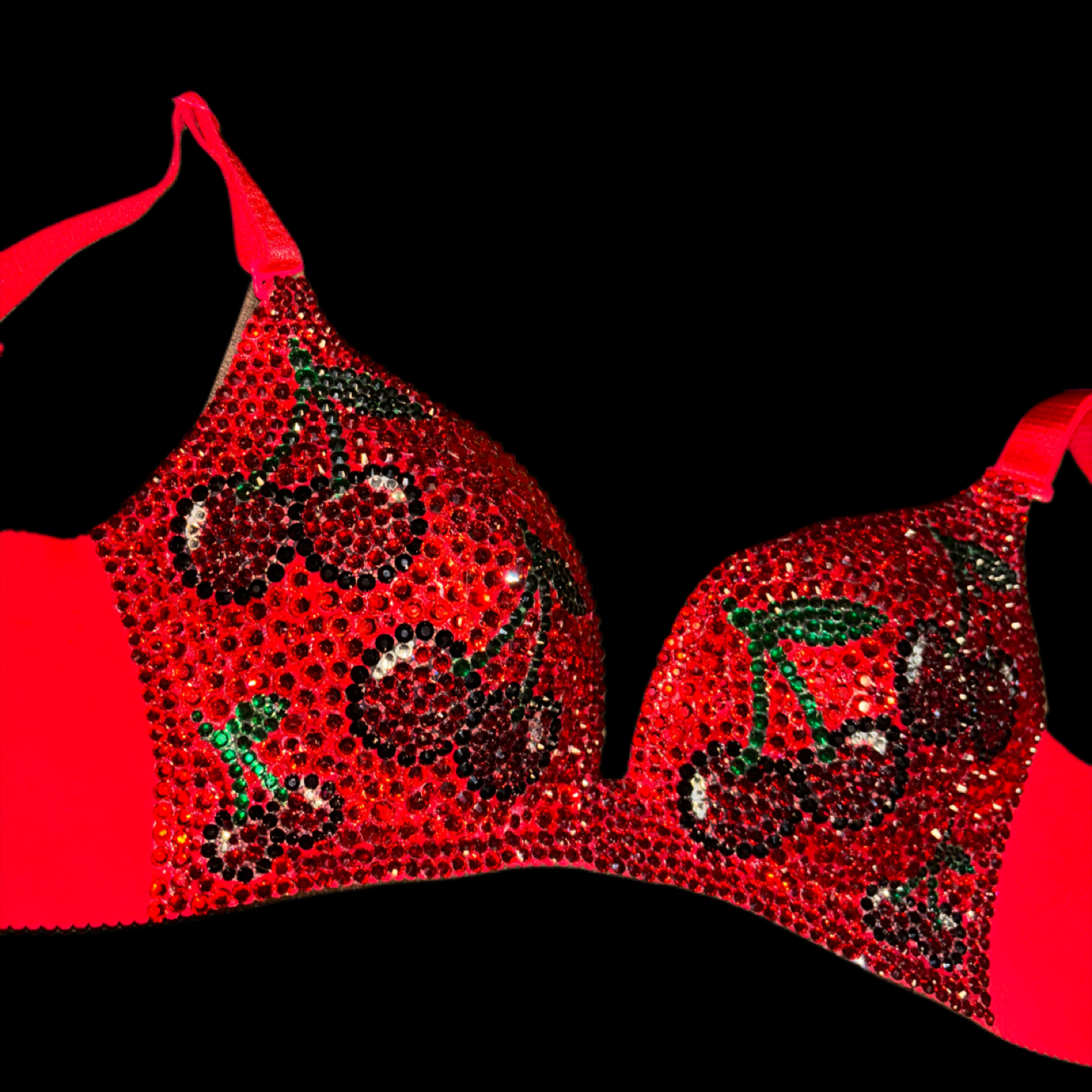 Red Cherries Rhinestone Crystal Wireless Bra In Red