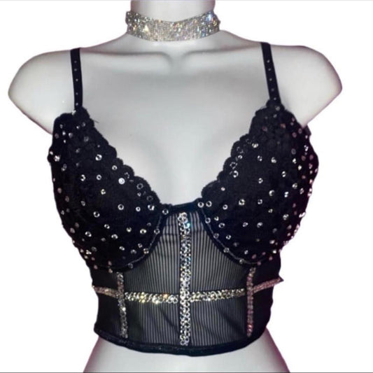 Black Lace Corset Top With Luxe Crystals