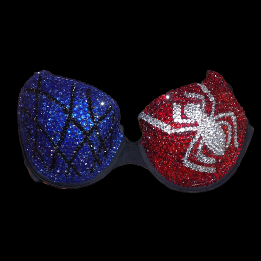 Red Black & Blue Crystal Rhinestone Spider Theme T-Shirt Bra In Black
