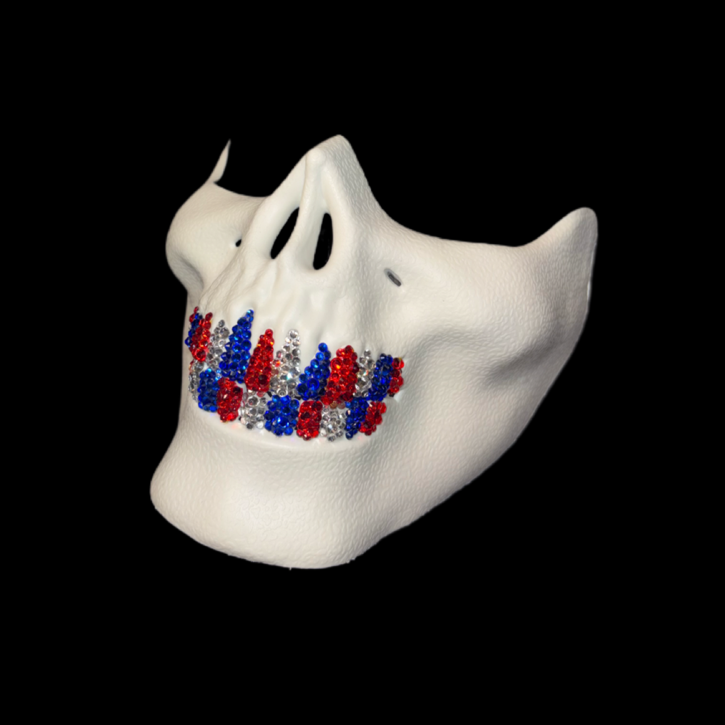 White Half Skull Mask With Sapphire Blue Red & Crystal Grillz