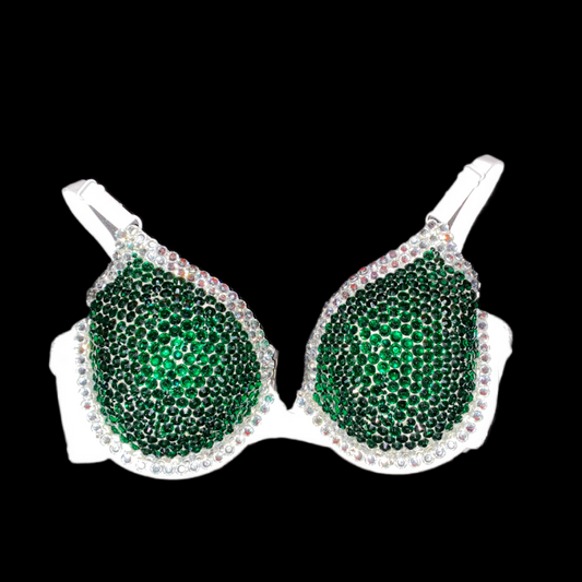 Emerald Green & Crystal Rhinestone T-Shirt Bra In White