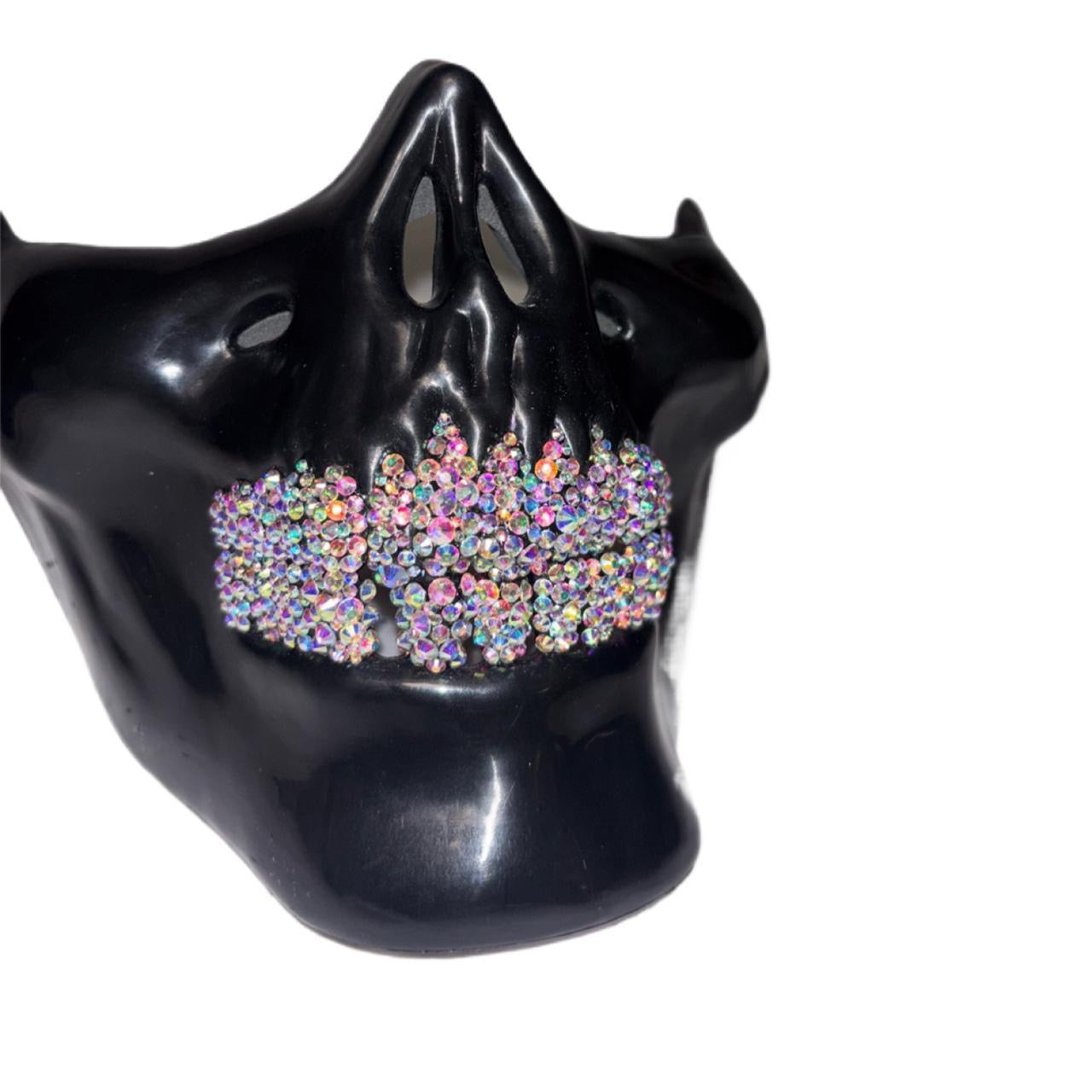 Black Half Skull Mask With Crystal AB Iridescent Grillz