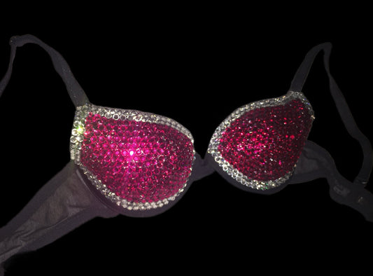 Fuchsia Pink Rhinestone & Crystal Duo T-Shirt Bra In Black